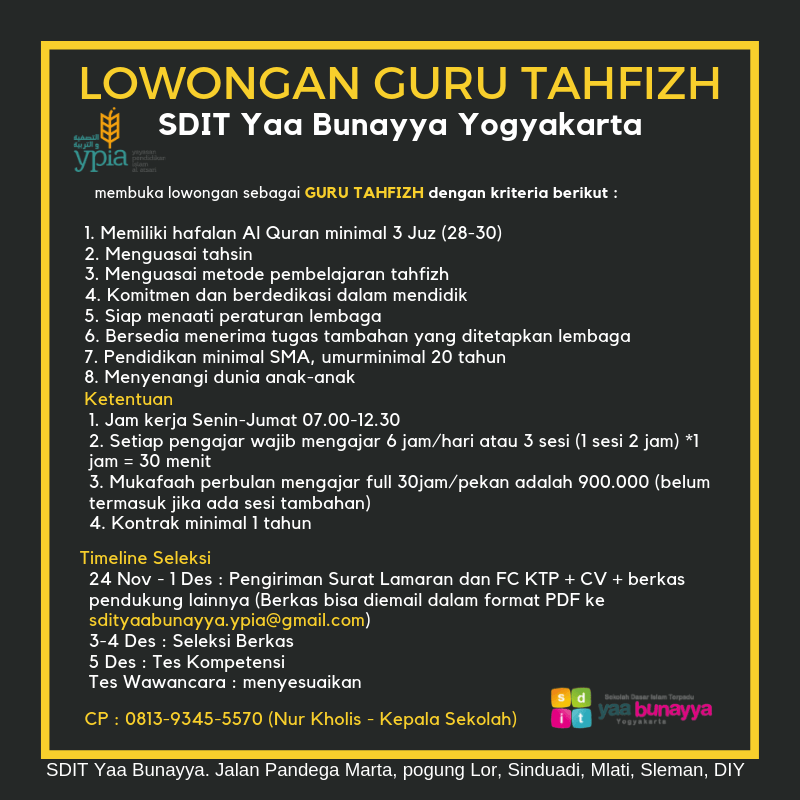 LOWONGAN GURU TAHFIZH SDIT YAA BUNAYYA