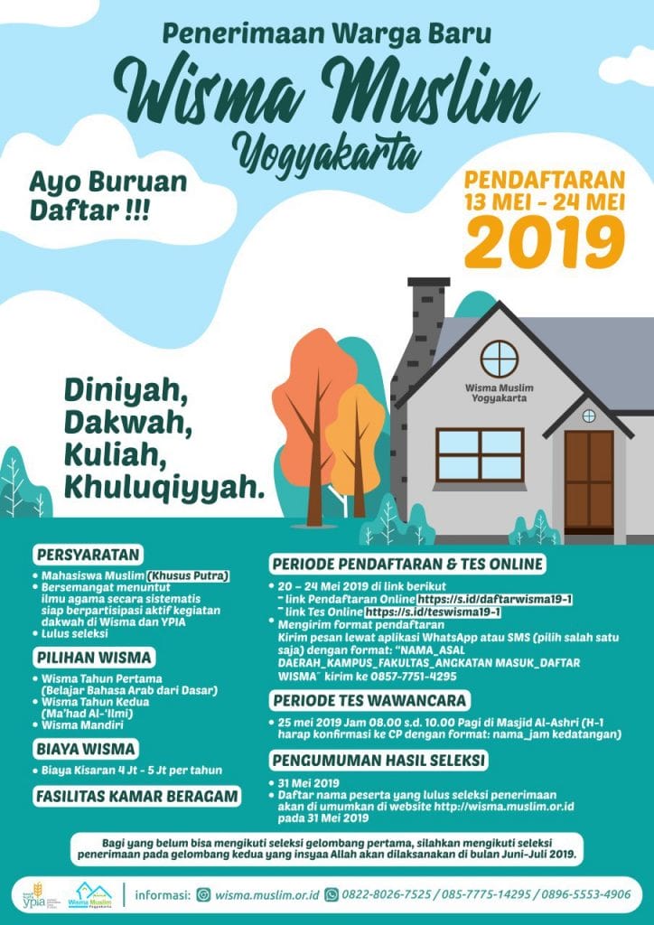 Dibuka pendaftaran warga Wisma Muslim Yogyakarta (khusus laki-laki) angkatan 2019/2020