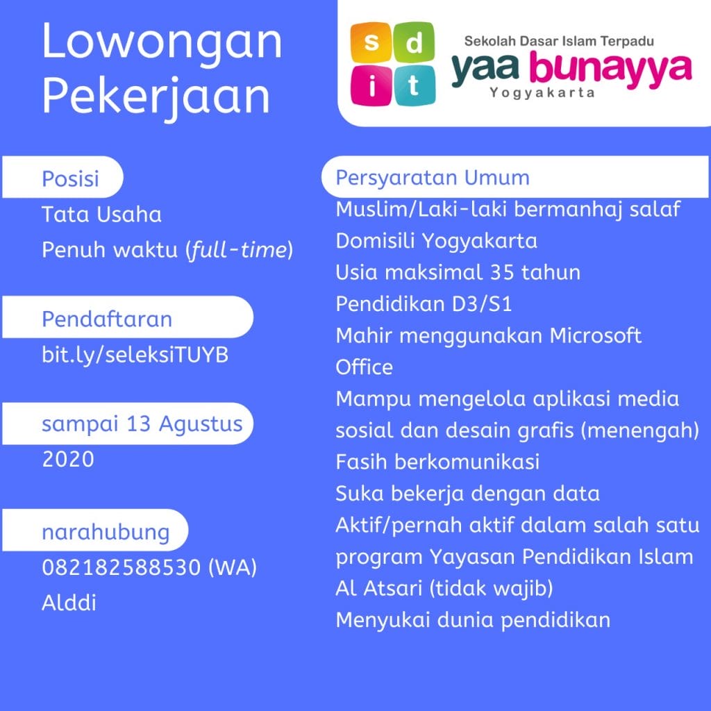 Lowongan Pekerjaan SDIT Yaa Bunayya