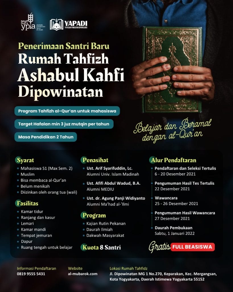 DIBUKA PENERIMAAN SANTRI RUMAH TAHFIDZ ASHABUL KAHFI (Gratis Full Beasiswa)